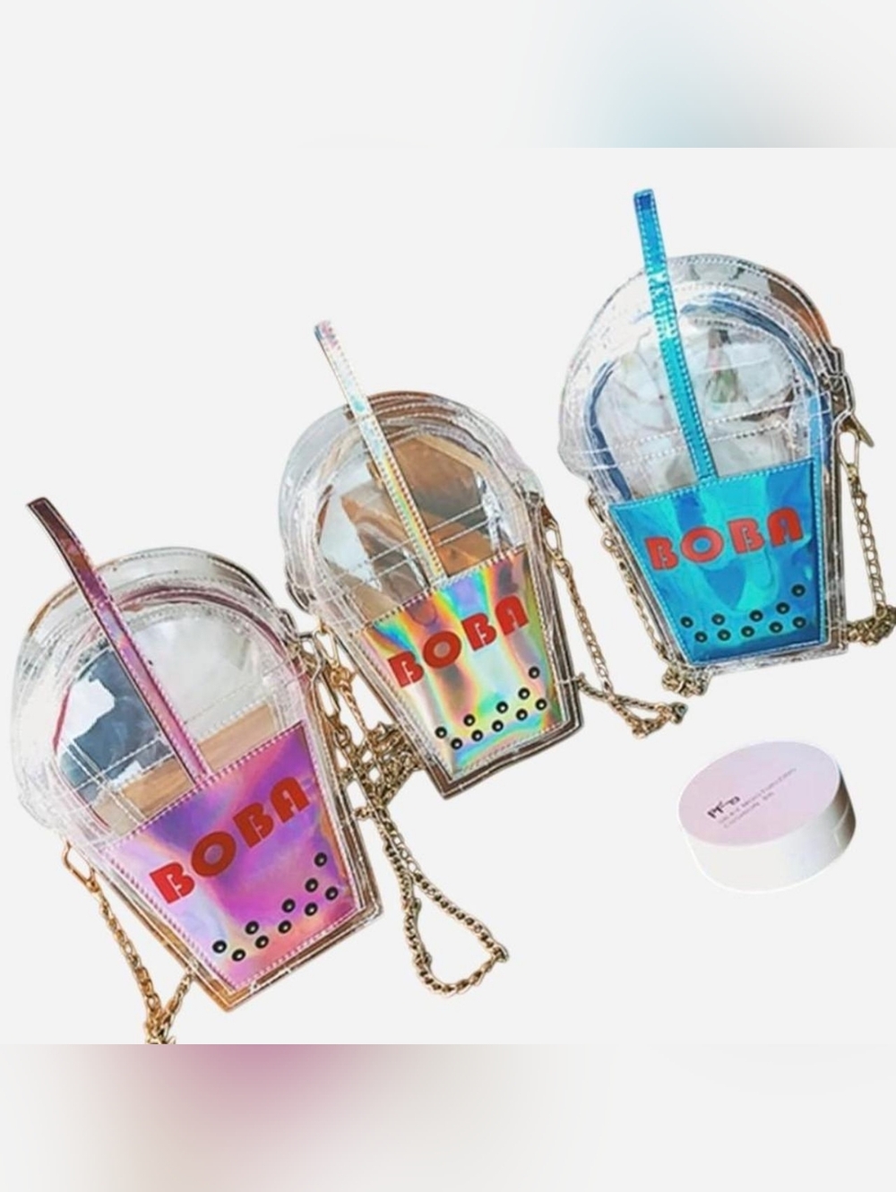 Pink Holographic Boba Bubble Tea Clear Crossbody Purse Iridescent Shoulder Bag - Picture 2 of 9